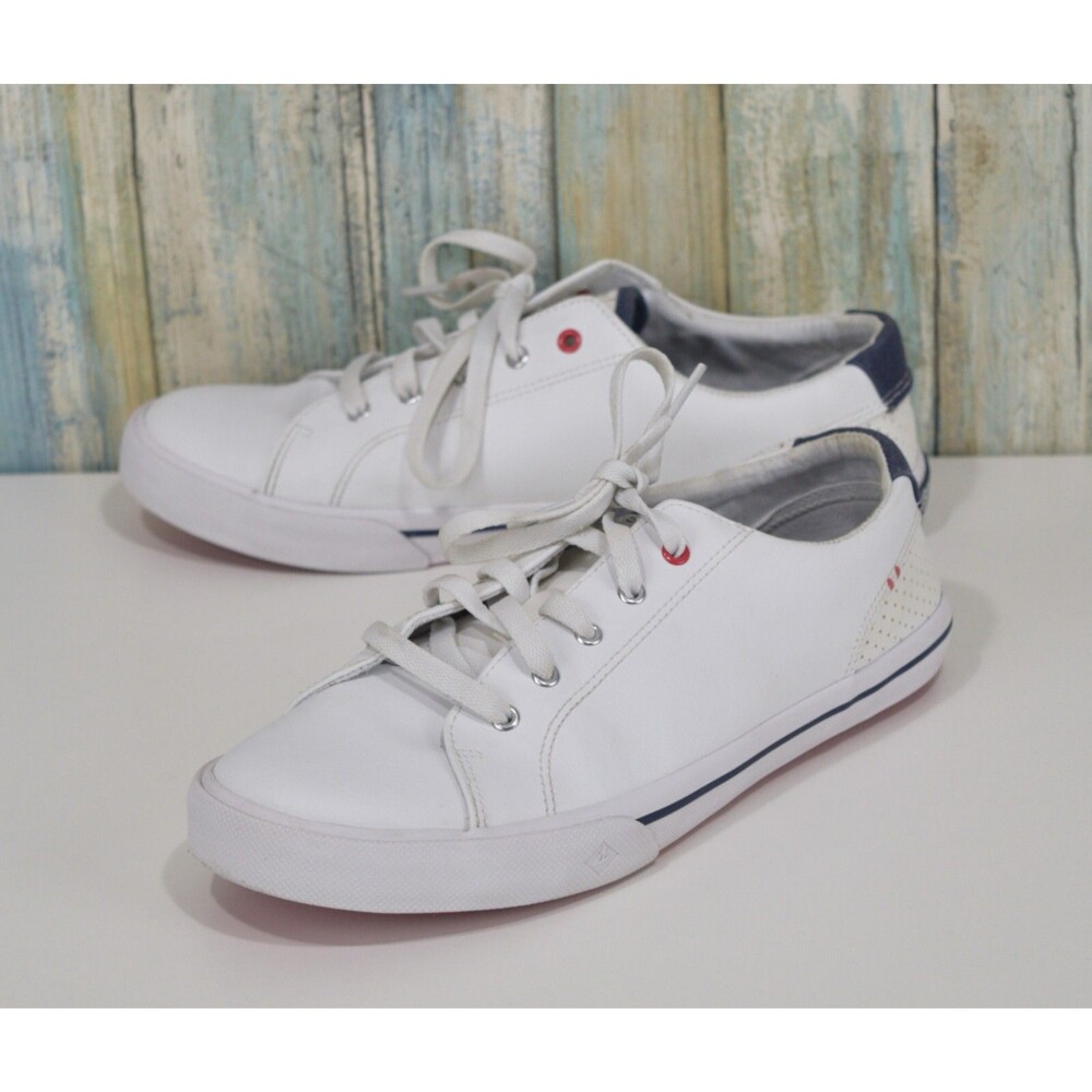 Sperry Pier Wave Leather Sneakers BIG KID Size 6 White Blue Stripe